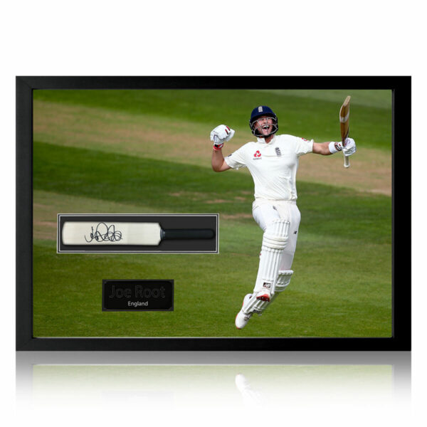 Joe Root Signed Framed Mini Cricket Bat with Celebration Design
