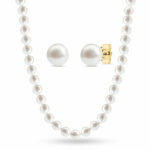 5-7mm Cultured Freshwater White Pearl Earring & Necklace Set, 14ct Yellow Gold