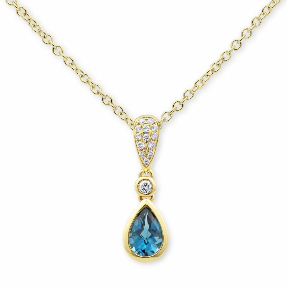 Pear Cut Blue Topaz & 0.07ctw Diamond Pendant, 18ct Yellow Gold