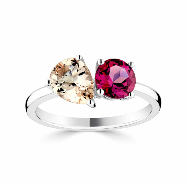 Pear Cut Morganite & Round Cut Garnet Ring, 18ct White Gold
