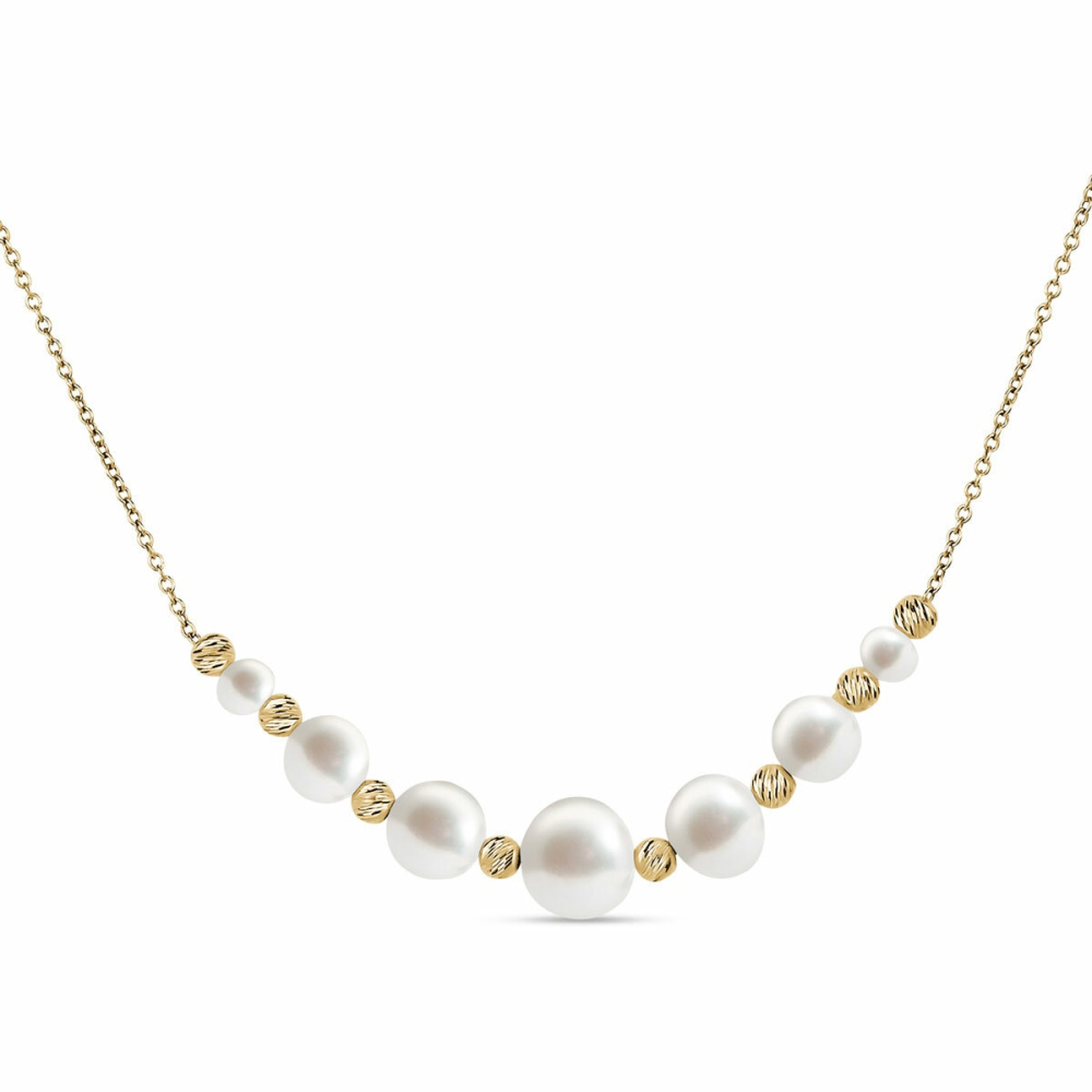 4-8.5mm Cultured Freshwater White Pearl & Gold Bead Graduated Necklace, 14ct Yellow Gold