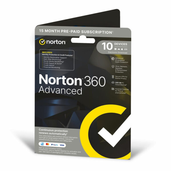 Norton 360 Advanced, 10 Devices, 15 Months (Digital Download)