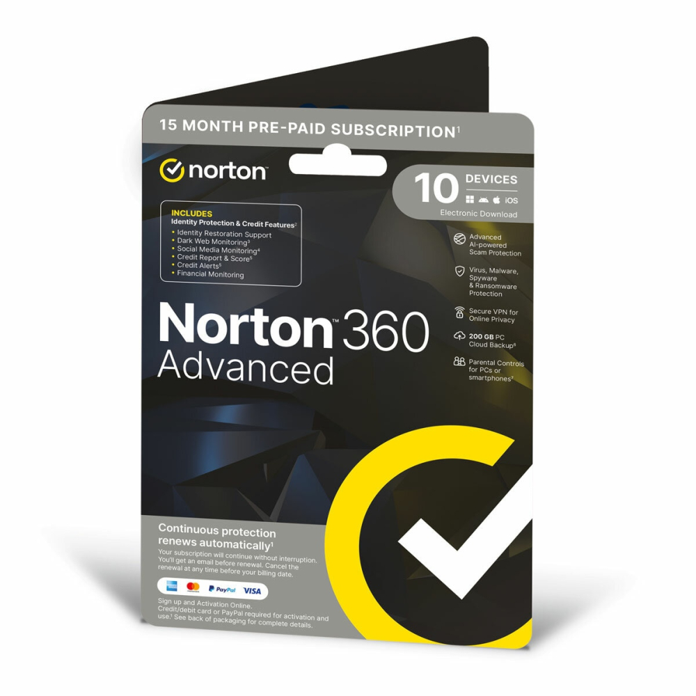Norton 360 Advanced, 10 Devices, 15 Months (Digital Download)