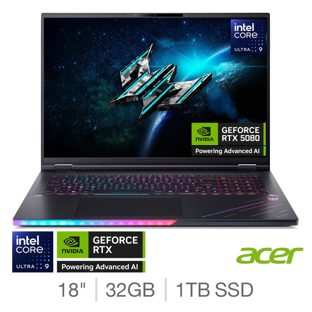 Acer Predator Helios 18 AI, Intel Core Ultra 9, 32GB RAM, 1TB SSD NVIDIA GeForce RTX 5080, 18 Inch Gaming Laptop, NH.QVYEK.002