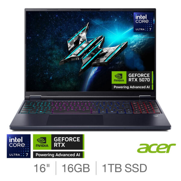 Acer Predator Helios NEO 16 AI, Intel Core Ultra 7, 16GB RAM, 1TB SSD NVIDIA GeForce RTX 5070, 16 Inch OLED Gaming Laptop, NH.QX3EK.002