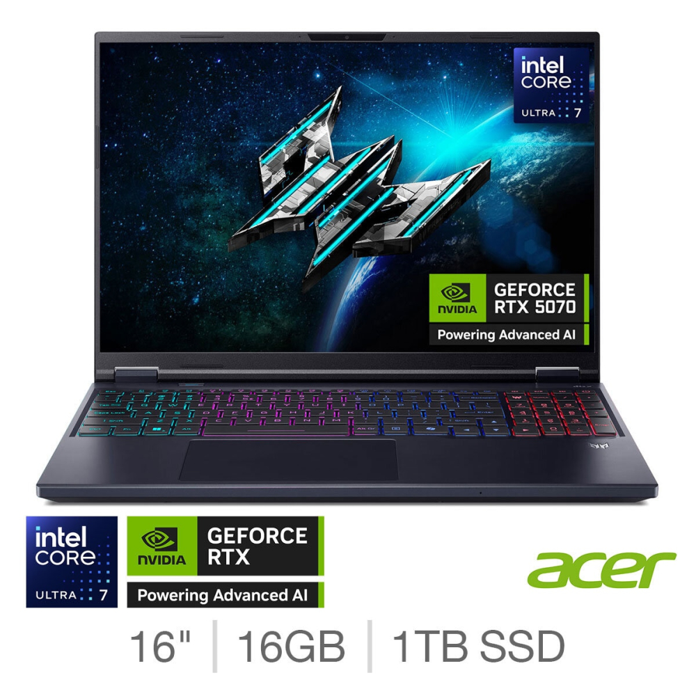 Acer Predator Helios NEO 16 AI, Intel Core Ultra 7, 16GB RAM, 1TB SSD NVIDIA GeForce RTX 5070, 16 Inch OLED Gaming Laptop, NH.QX3EK.002