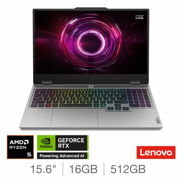 Lenovo LOQ, AMD Ryzen 5, 16GB RAM, 512GB SSD, NVIDIA GeForce RTX 5050, 15.6 Inch, Gaming Laptop, 83JG0008UK