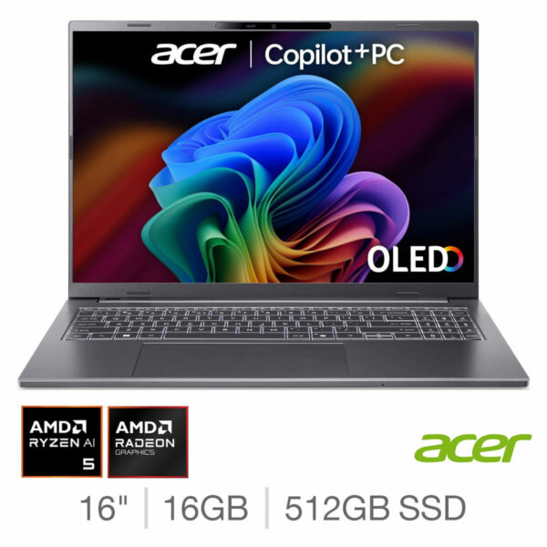 Acer Aspire 16 AI, Copilot+ PC, AMD Ryzen AI 5, 16GB RAM, 512GB SSD, 16 Inch OLED Laptop, NX.JP0EK.001