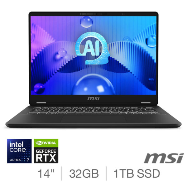 MSI Prestige 14 AI Studio, Intel Core Ultra 7, 32GB RAM, 1TB SSD, NVIDIA GeForce RTX 3050, 14 Inch Laptop, 9S7-14N211-003