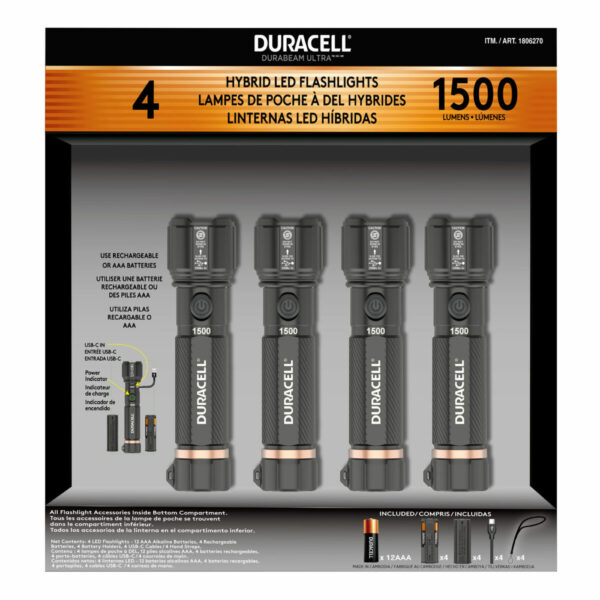 Duracell 1500 Lumen Dual Power Flashlight, 4 Pack