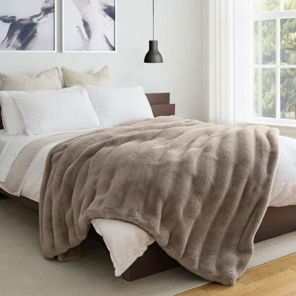 Faux Rabbit Fur Blanket in Taupe, 234 x 249 cm