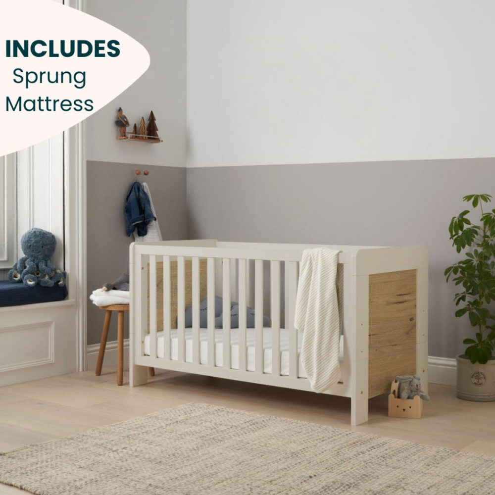 Tutti Bambini Alba Cot Bed with Sprung Mattress, White Sand & Distressed Oak