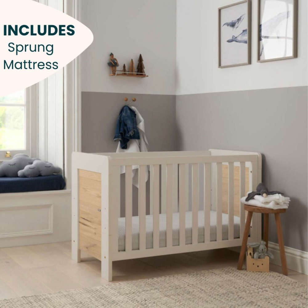 Tutti Bambini Alba Mini Cot Bed with Sprung Mattress, White Sand & Distressed Oak