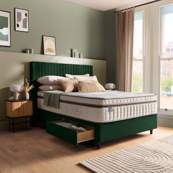 Silentnight Velvet 4 Drawer Divan Base with Slumber Headboard in Rainforest & 3 Sizes
