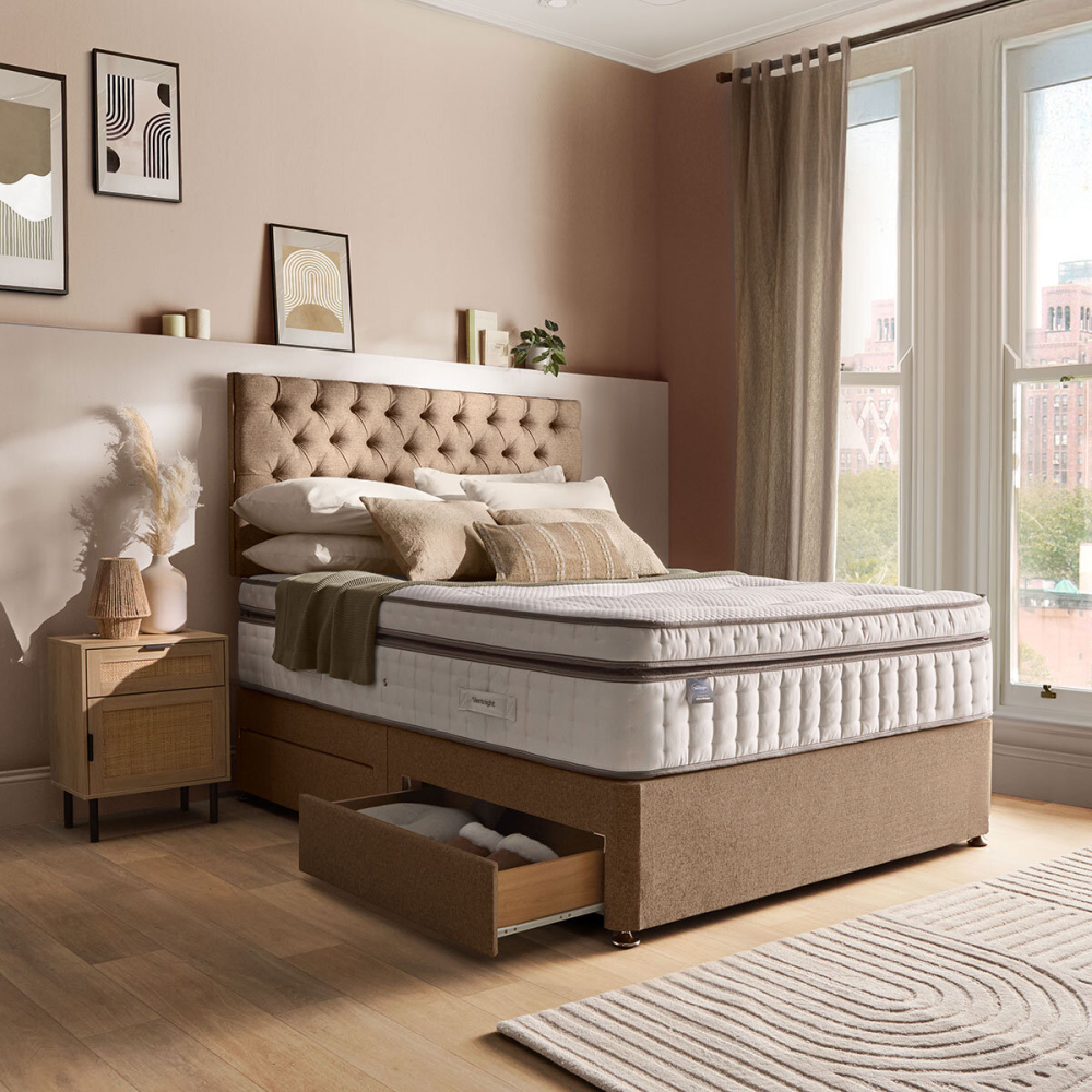 Silentnight 4 Drawer Divan Base with Eden Headboard in Wheat in 3 Sizes