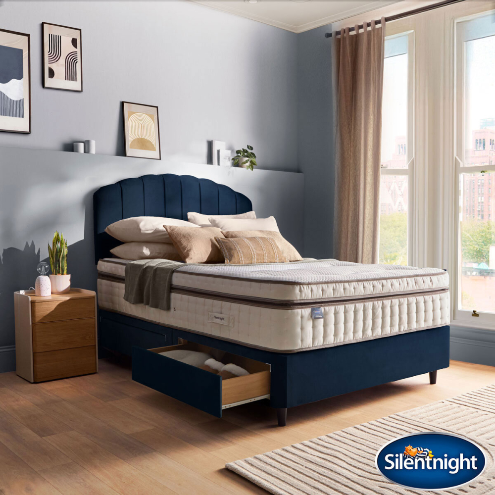 Silentnight Velvet 4 Drawer Divan Base with Merlin Headboard in Maritime in 3 Sizes