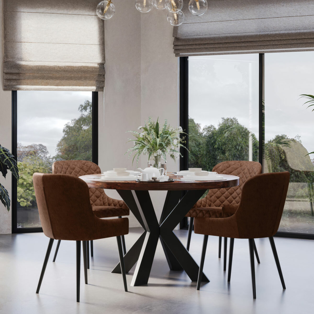 Indus Valley Henley Round Wooden Dining Table + 4 Brown Chairs