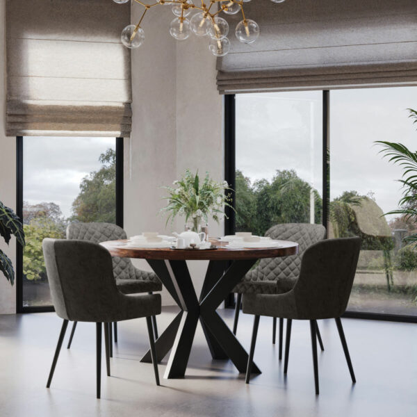 Indus Valley Henley Round Wooden Dining Table + 4 Grey Chairs