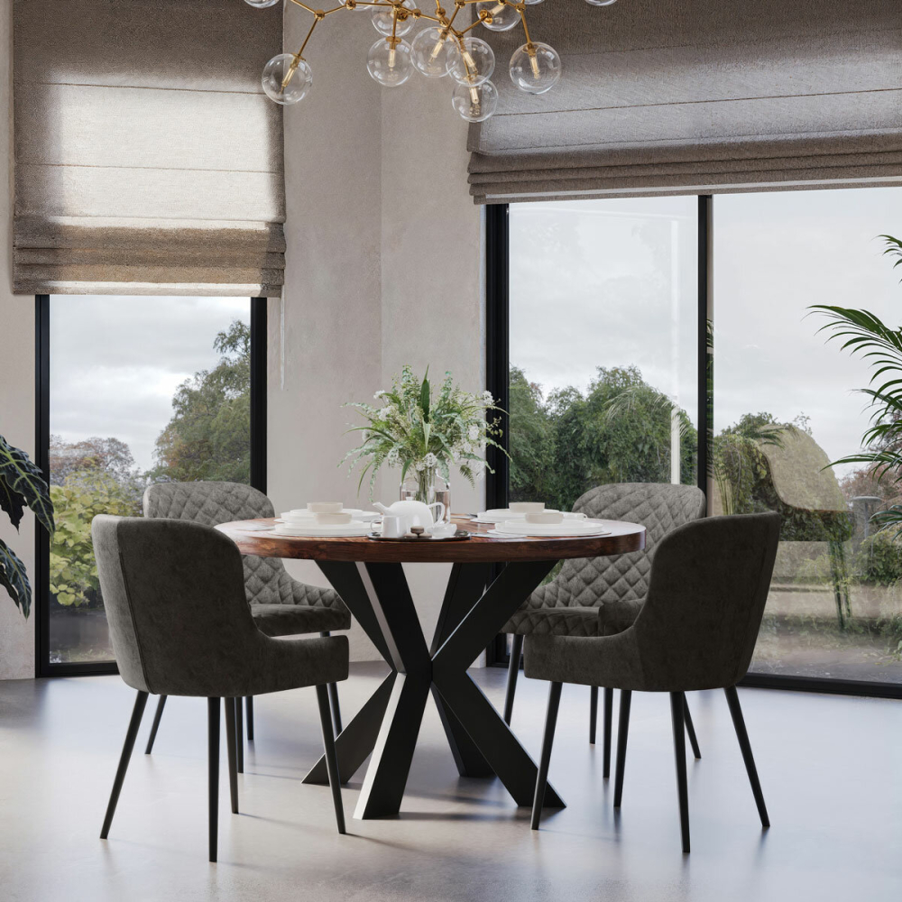 Indus Valley Henley Round Wooden Dining Table + 4 Grey Chairs