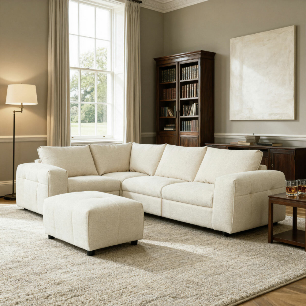Harper Cream 5 Piece Modular Fabric Sofa with Ottoman
