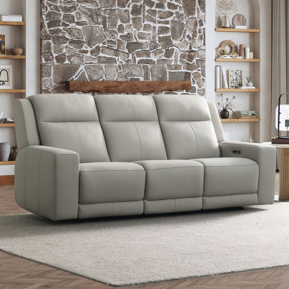 Simon Li Wren Light Grey Leather Power Reclining 3 Seater Sofa with Power Headrest