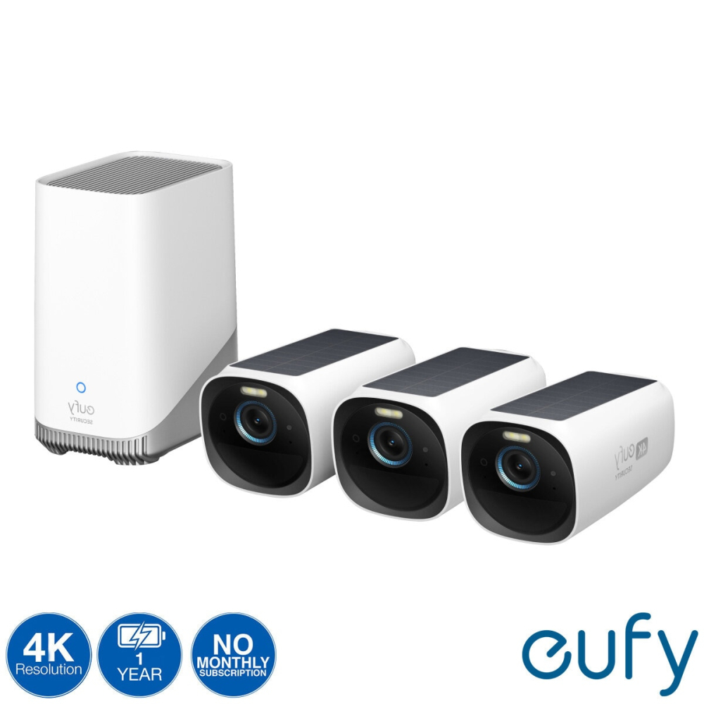 eufyCam S330 4K Solar Security Camera CCTV 3 Pack with HomeBase 3 - No Monthly Fees