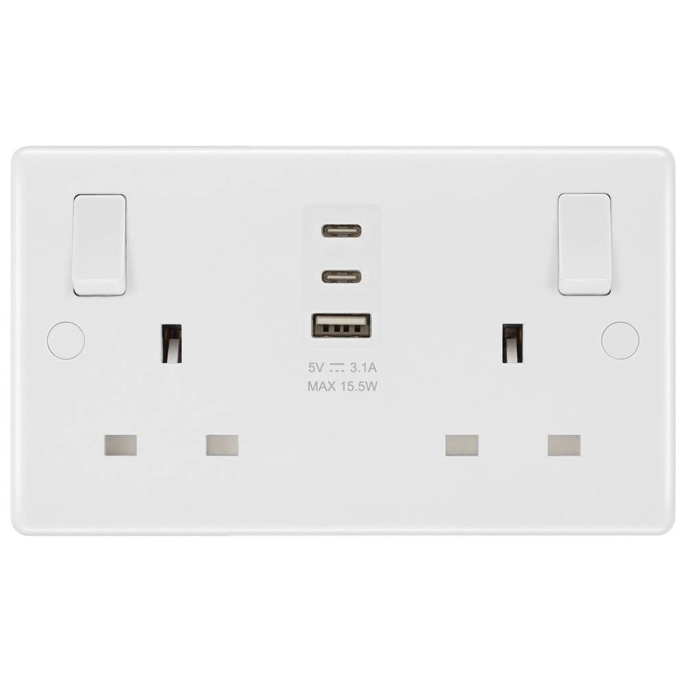 Masterplug Double 13A Switched Sockets with 15W USB A & 2x C Charger Ports, Pack of 2