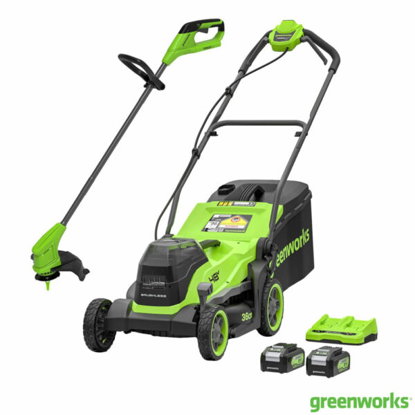 Greenworks 48V 36cm Cordless Lawn Mower & 24V 25cm Line Trimmer Bundle
