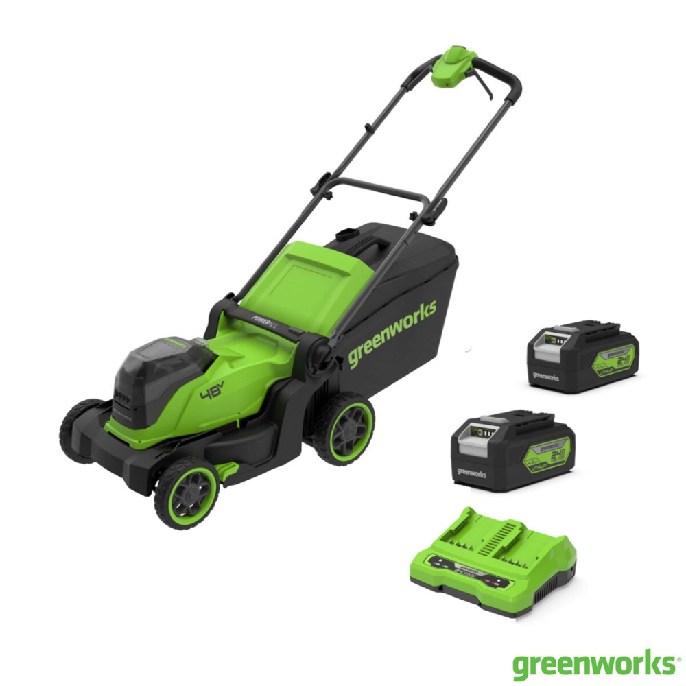 Greenworks 48V 41cm Cordless Lawn Mower + 2 x 24V (4Ah) Batteries + Dual Charger