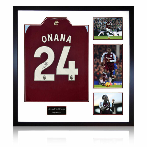 Amadou Onana Signed Framed Aston Villa Football Shirt including 3 Photos