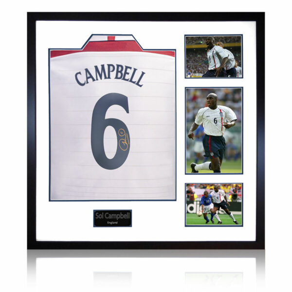 Sol Campbell Signed Framed England Football Shirt including 3 Photos