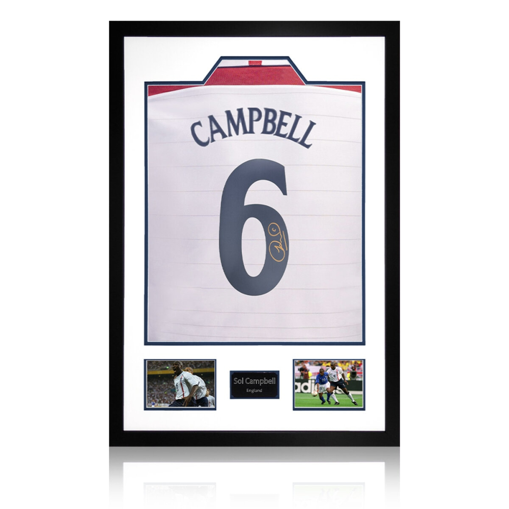 Sol Campbell Signed Framed England Football Shirt including 2 Photos