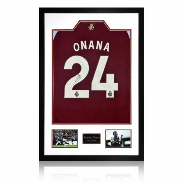 Amadou Onana Signed Framed Aston Villa Football Shirt including 2 Photos