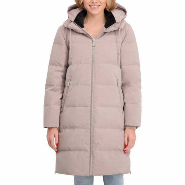 DKNY Ladies Long Down Coat with Hood in Taupe