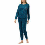 Jane & Bleecker Women's Silky Plush Pyjama Set in Teal Animal