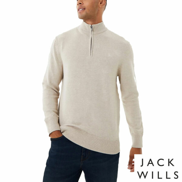 Jack Wills Men's Funnel Neck 1/2 Zip Sweater in Oatmeal