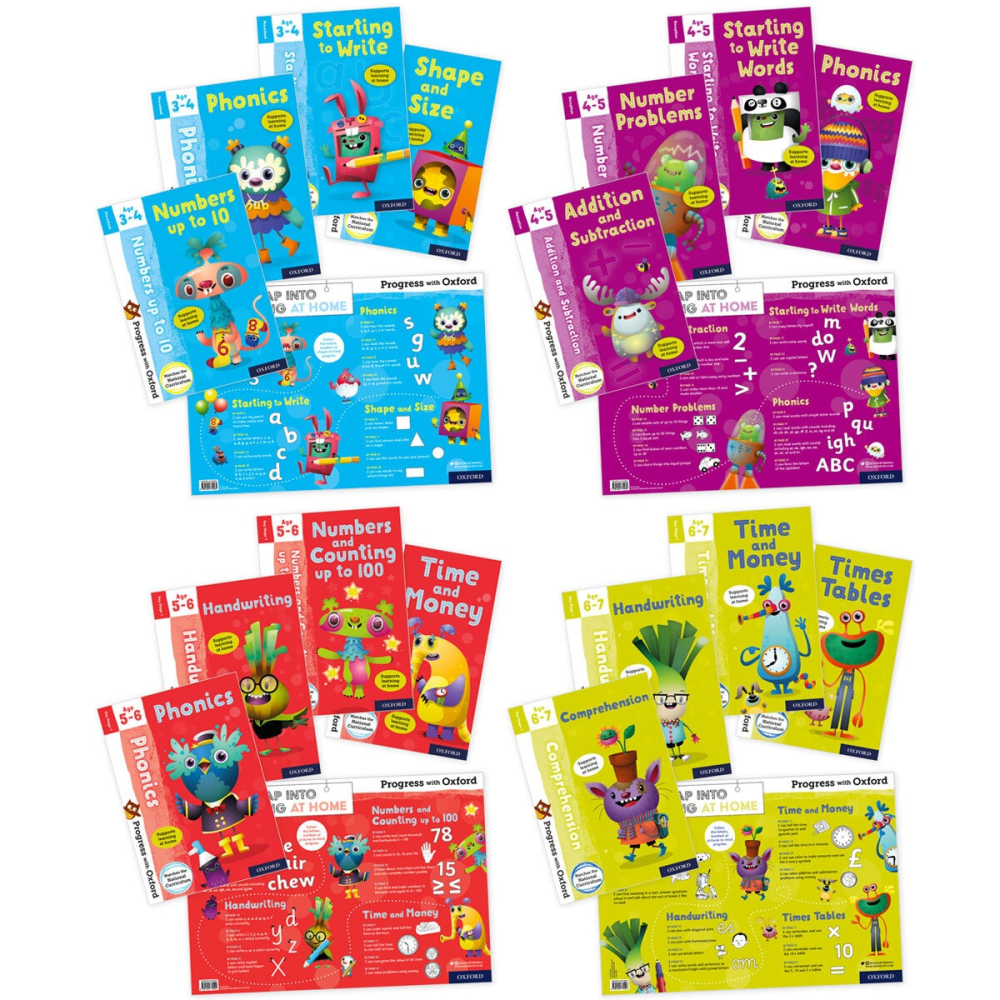 Progress with Oxford x4 Book Collection with Poster in 4 Options: Starting to Write, Write Words, Counting up to 100 or Time & Money
