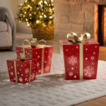 Red Metal Gift Boxes with LED Snowflake Pattern – Set of 3
