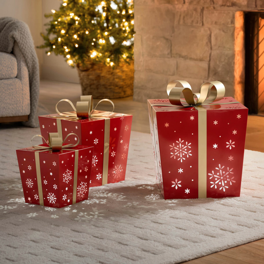 Red Metal Gift Boxes with LED Snowflake Pattern – Set of 3