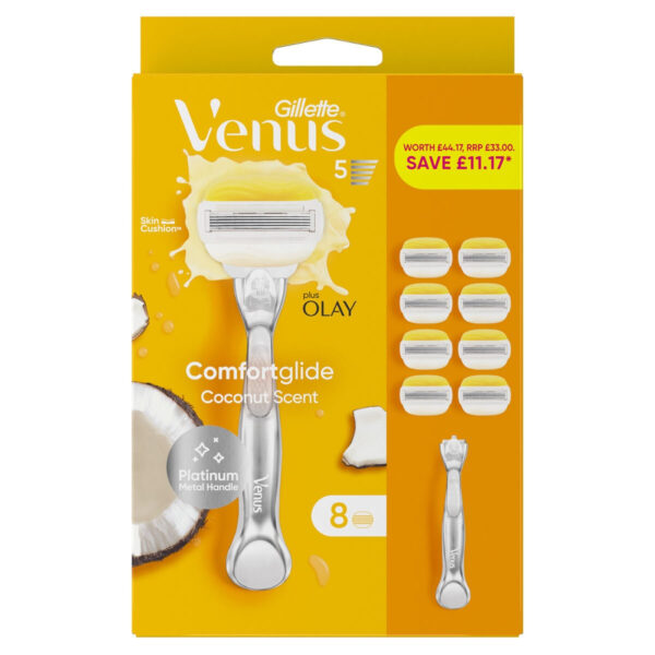 Gillette Venus Comfortglide with Olay, Platinum Metal Handle & 8 Blades