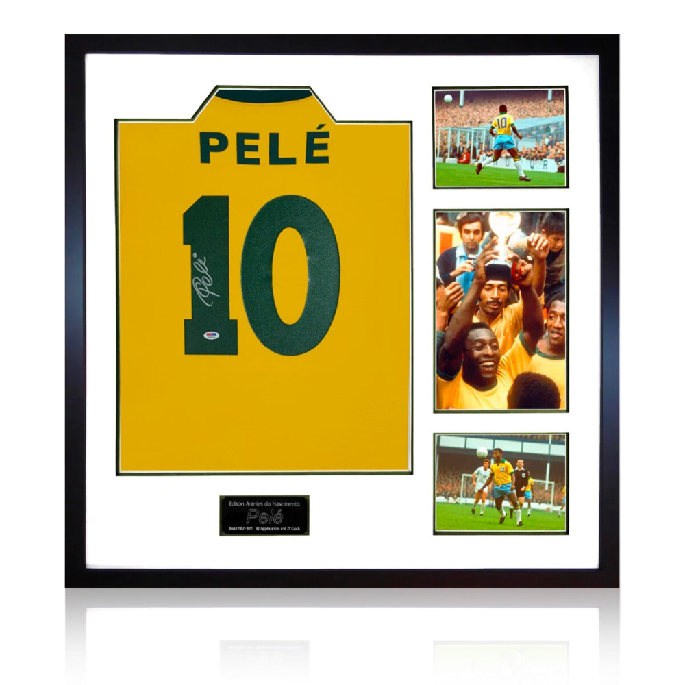 Pele Signed Framed Brazil Football Shirt including 3 Photos