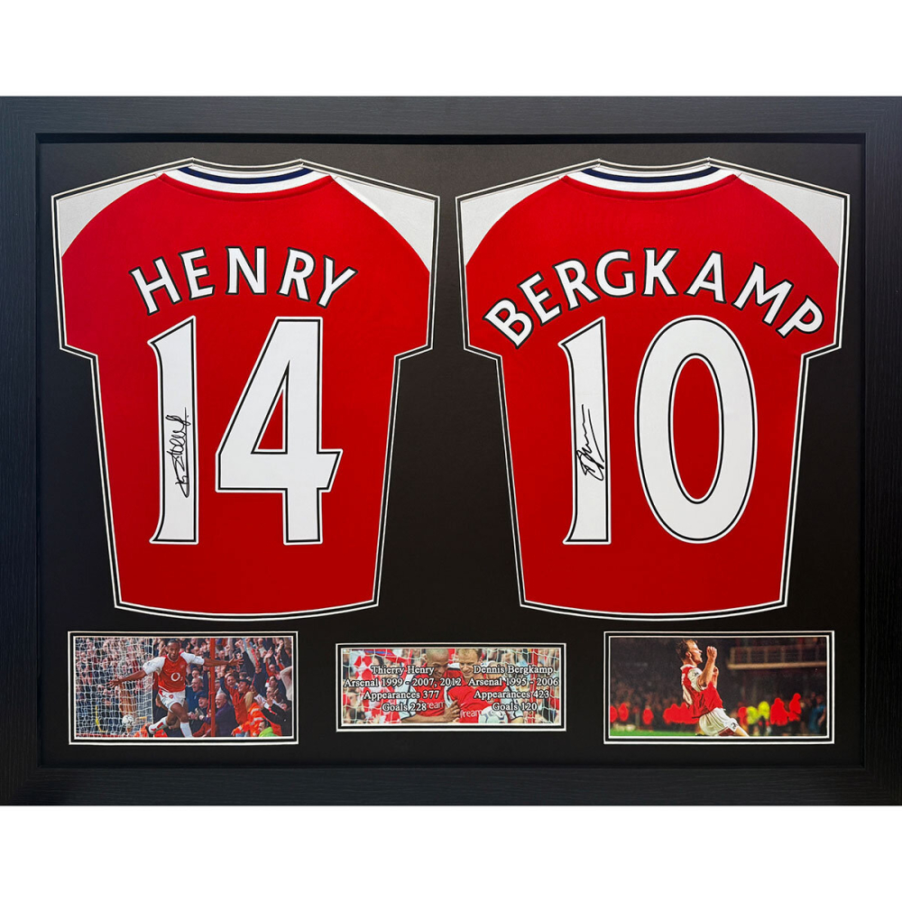 Thierry Henry & Dennis Bergkamp Signed Framed Arsenal Football Shirts