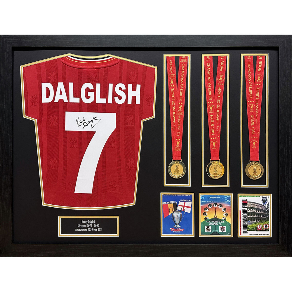Kenny Dalglish Signed Framed Liverpool Football Shirt & Triple Medal Display
