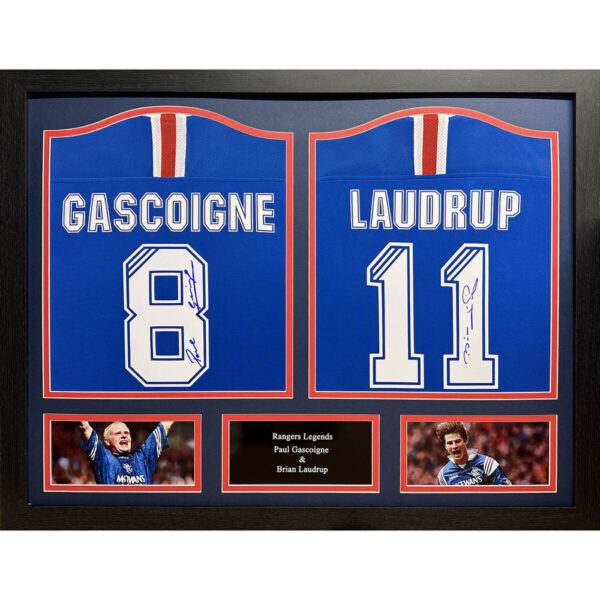Brian Laudrup & Paul Gascoigne Double Signed Framed Rangers Football Shirts