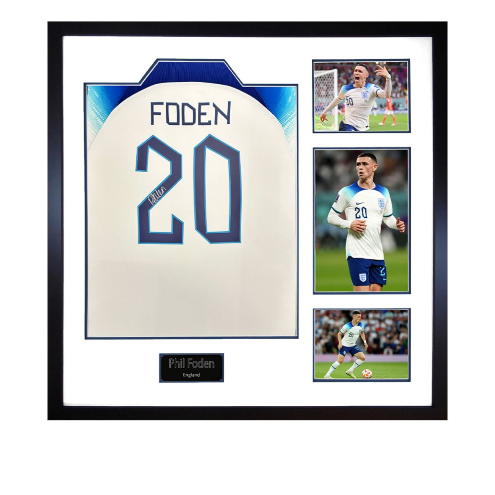Phil Foden Signed Framed England Football Shirt including 3 Photos