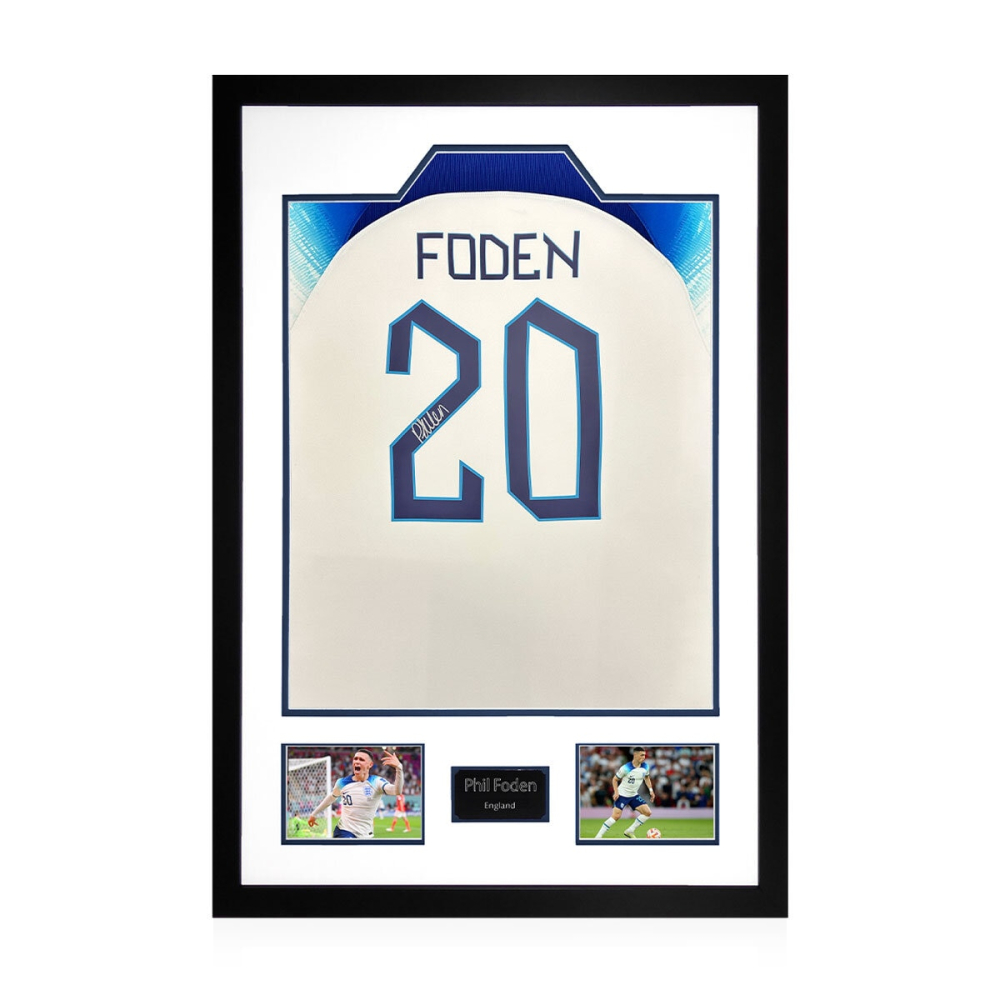 Phil Foden Signed Framed England Football Shirt including 2 Photos