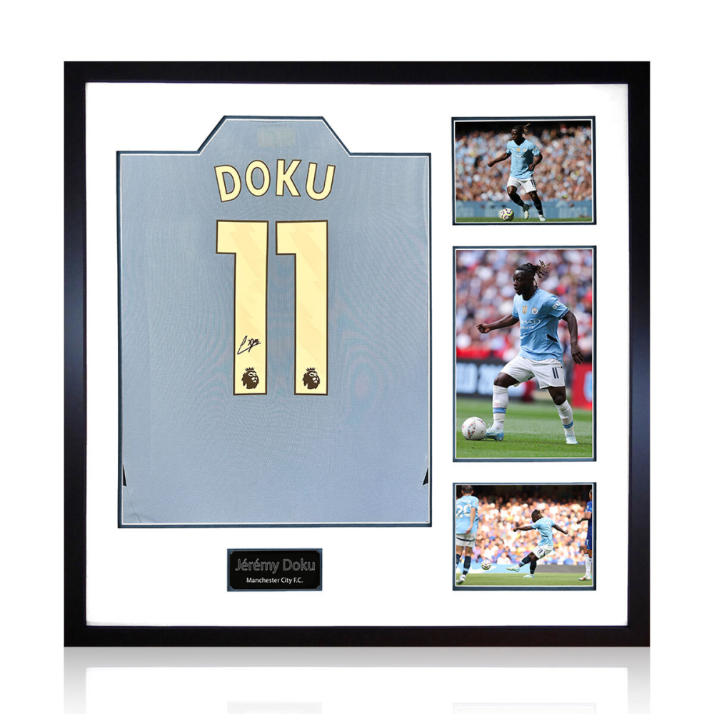 Jeremy Doku Signed Framed MCFC 24/25 Football Shirt including 3 Photos