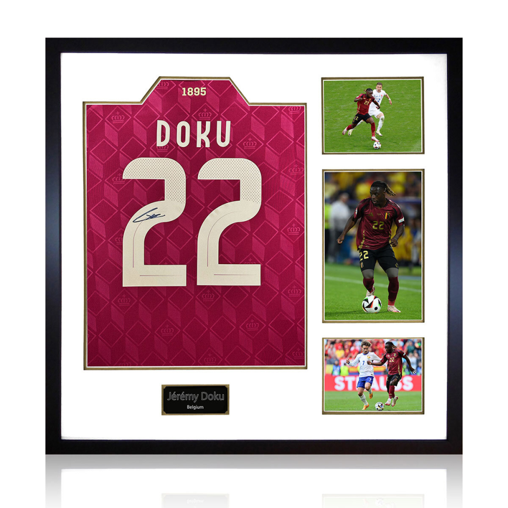 Jeremy Doku Signed Framed Belgium Football Shirt including 3 Photos