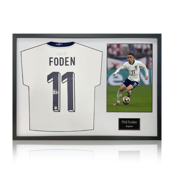 Phil Foden Signed Framed 2024 England Football Shirt including 1 Photo, with White Mount