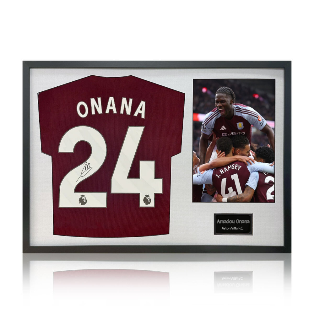 Amadou Onana Signed Framed Aston Villa Football Shirt including 1 Photo, with White Mount